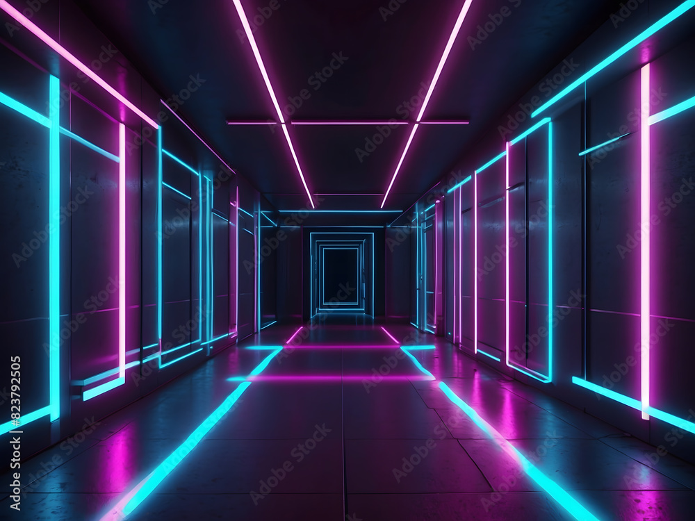 Neon light of Modern design., flight forward through the square corridor, appearing glowing pink-blue lines, ultraviolet spectrum., 3D Rendering