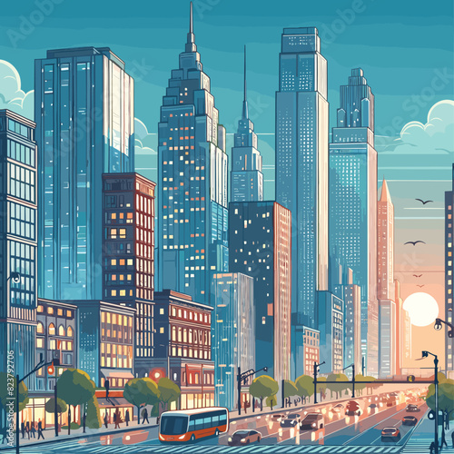 City scene with tall buildings vector illustration
