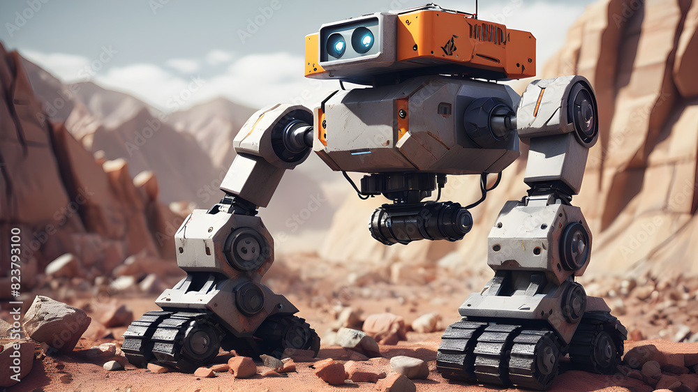 Geologist robot in mountainous terrain, Generative AI