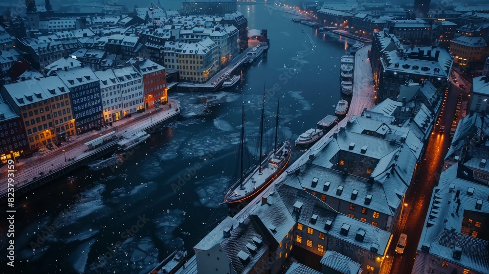 Aerial photography of Nyhavn, copenhagen in snowy winter, beautiful architecture, stunning view, city lights. at blue hour