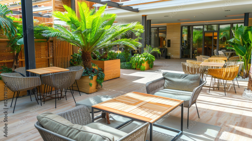 Open-air elegance: Modern terrace retreat for home or restaurant dining. Open-air elegance: Modern terrace retreat for home or restaurant dining.