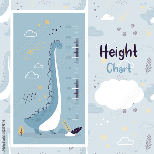 Kids height chart with cute dinosaur and measuring ruler. Kids height chart with cartoon dino. Meter wall or baby scale of growth in flat style.
