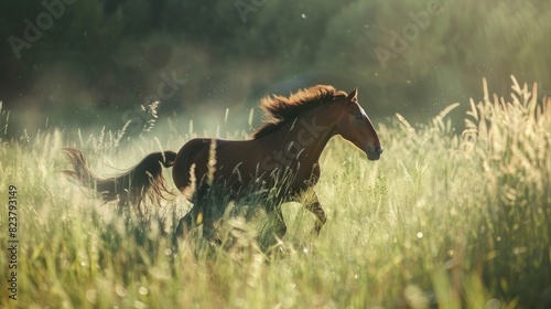 brown horse rushing through Meadow