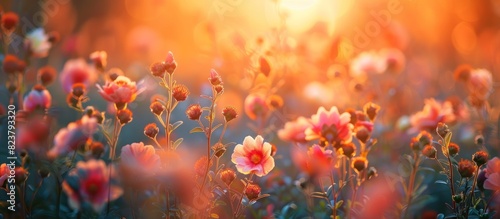 blooming flowers in field on sunset golden hours