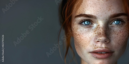 Portrait of a woman with freckles and blue eyes engaging with the camera. Concept Portrait Photography, Women's Portraits, Freckles, Blue Eyes, Eye Contact photo