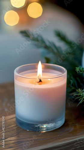 Closeup of a burning aromatherapy candle on a wooden table, creating a serene and calming atmosphere