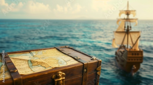 Antique treasure chest with world map, sailboat at sea.