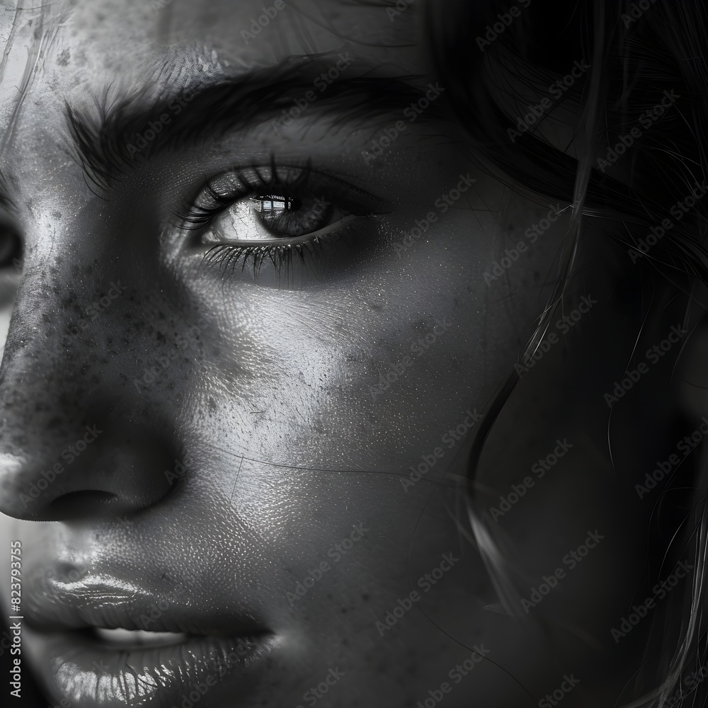 Fototapeta premium Close-up photograph of a woman's face and one eye in black and white