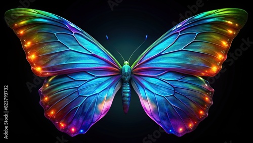 Close up of vibrant tropical butterfly wings isolated on black background photo