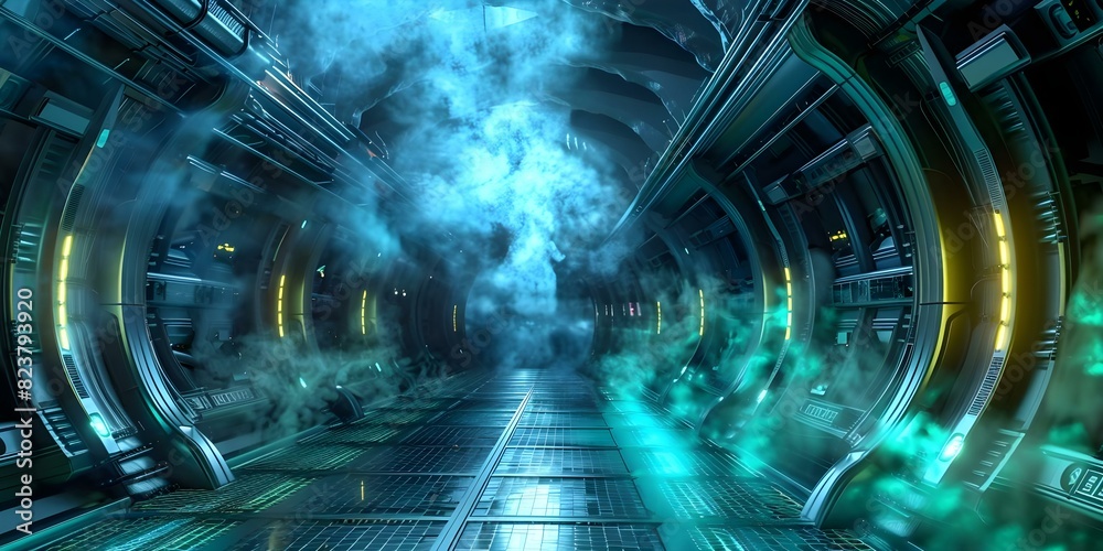 Futuristic and spooky alien spaceship interior with eerie corridor ideal for sci-fi horror. Concept Alien Spaceship, Sci-fi Horror, Eerie Corridor, Futuristic Interior