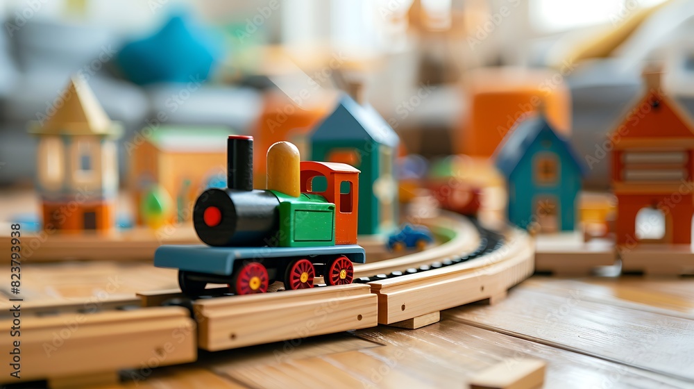 Wooden toy train on railroad with brick town on floor