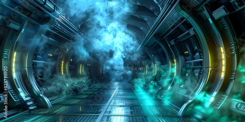 Fototapeta Naklejka Na Ścianę i Meble -  Futuristic and spooky alien spaceship interior with eerie corridor ideal for sci-fi horror. Concept Alien Spaceship, Sci-fi Horror, Eerie Corridor, Futuristic Interior