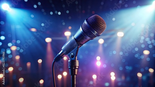 Close-up of a microphone on a stage with bokeh lights in a music song contest  photo