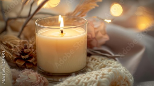 Closeup view of a lit aromatherapy candle, with a tranquil background of soft fabrics and natural elements