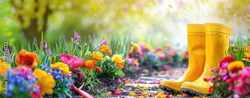 Yellow rain boots are placed on a table next to some beautiful flowers photo