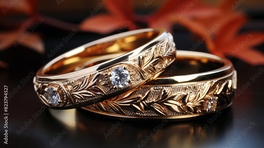 Wedding Rings: Closeup of symbolic wedding bands with intricate engraving. Wedding Rings: Closeup of symbolic wedding bands with intricate engraving.