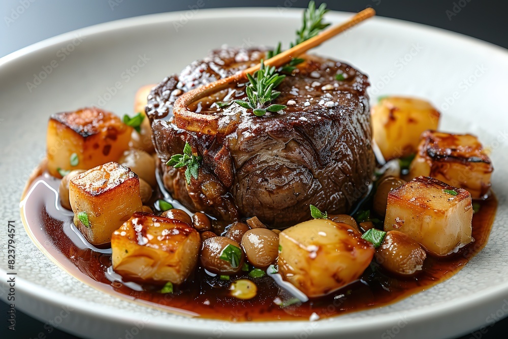 A plate of food with a piece of meat and potatoes