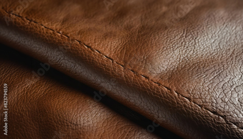 Illustration of a brown detailed leather texture close up on wide banner background with copy space. Generative ai