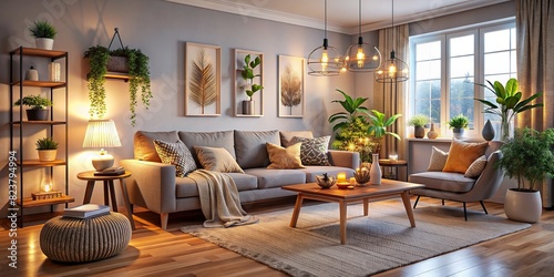 Cozy modern interior with soft lighting and stylish decor items 