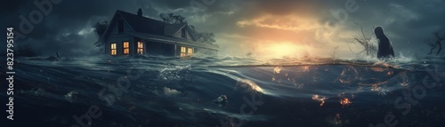 A house figure drowning in water, natural disasters and floods concept background  photo