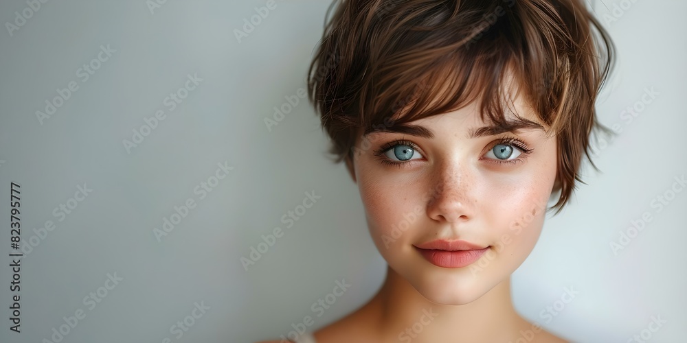 Confident tomboy girl with short hair looking directly into the camera in closeup photo on white background. Concept Tomboy, Confidence, Closeup, Short Hair, White Background Confident tomboy girl with short hair looking directly into the camera in closeup photo on white background. Concept Tomboy, Confidence, Closeup, Short Hair, White Background