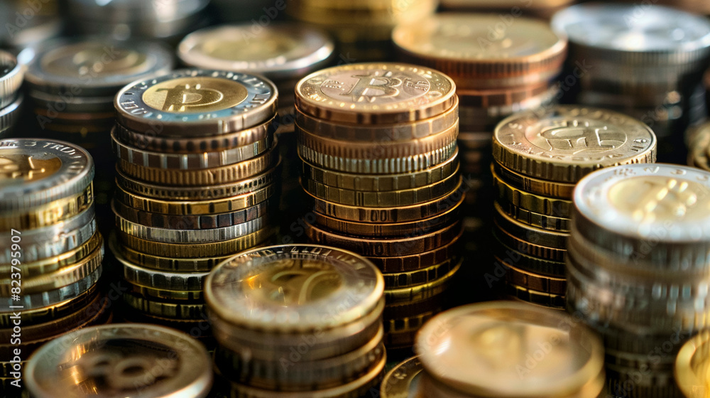 Close-Up Photo of Stacks of Shiny Money Coins, horizontal orientation Close-Up Photo of Stacks of Shiny Money Coins, horizontal orientation