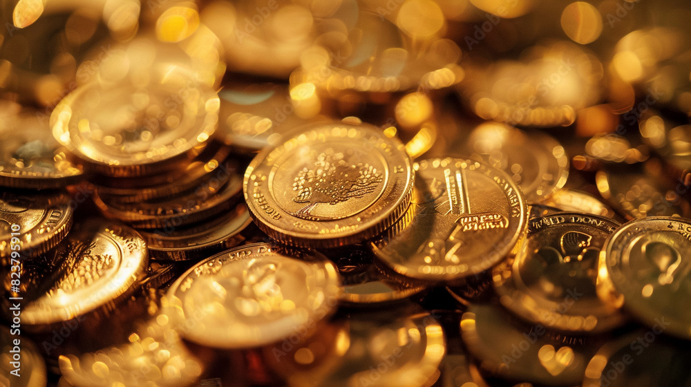 Detailed Close-Up of Golden Coin Stacks in High Definition, horizontal orientation Detailed Close-Up of Golden Coin Stacks in High Definition, horizontal orientation