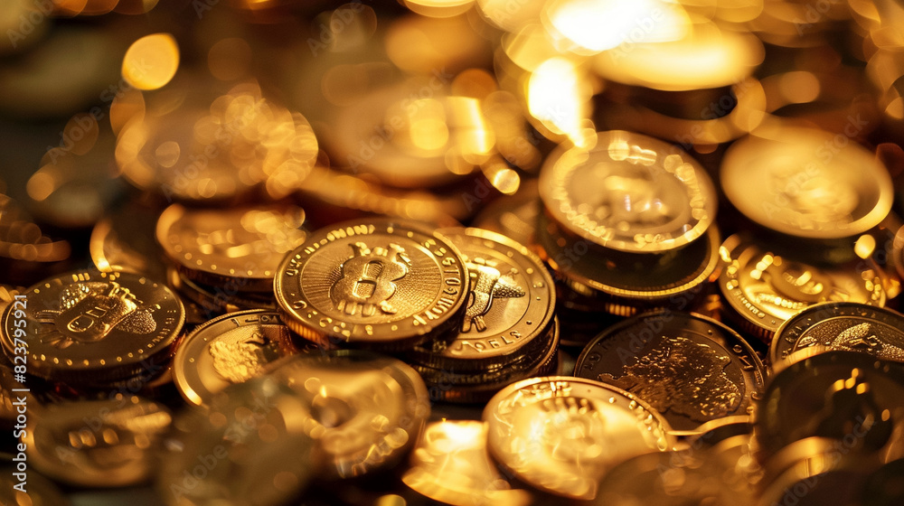 Detailed Close-Up of Golden Coin Stacks in High Definition, horizontal orientation Detailed Close-Up of Golden Coin Stacks in High Definition, horizontal orientation