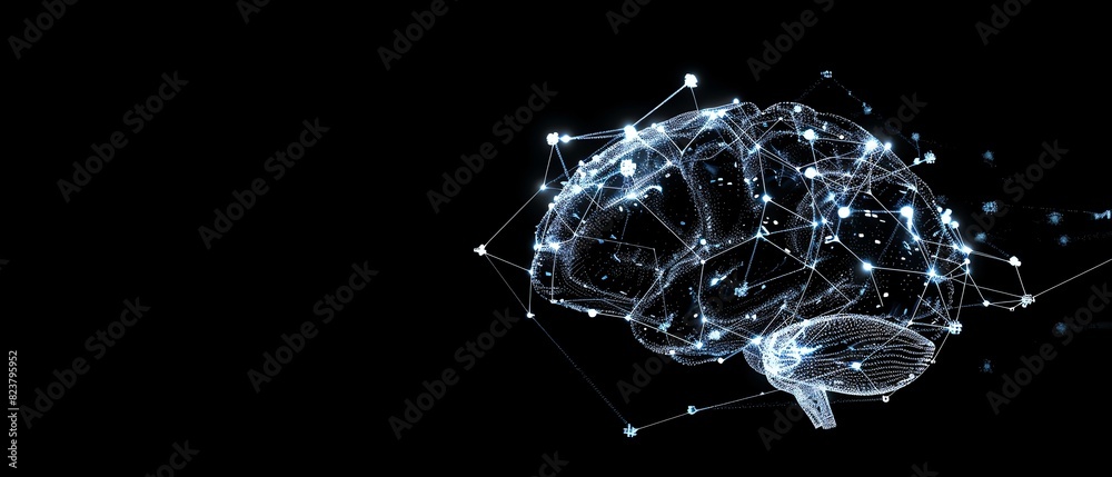 Silver color digital hologram futuristic brain neuron link on a neuron connection, Artificial intelligence concept, isolated on black background Silver color digital hologram futuristic brain neuron link on a neuron connection, Artificial intelligence concept, isolated on black background