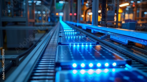 Wallpaper Mural High-tech factory conveyor assembling blue solar panels for renewable energy Torontodigital.ca