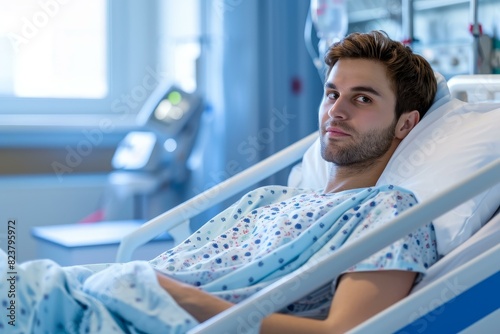 Pensive male patient rests in a hospital bed, wearing a gown and looking to the side photo