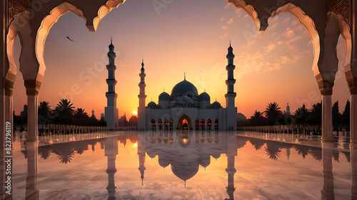 Sunset islamic mosque view, Generative AI