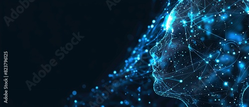 Sky blue color digital hologram futuristic face neuron link on a neuron connection, Artificial intelligence concept, isolated on black background