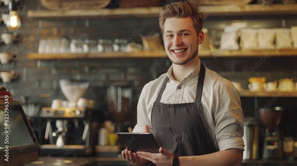 A Smiling Barista with Tablet