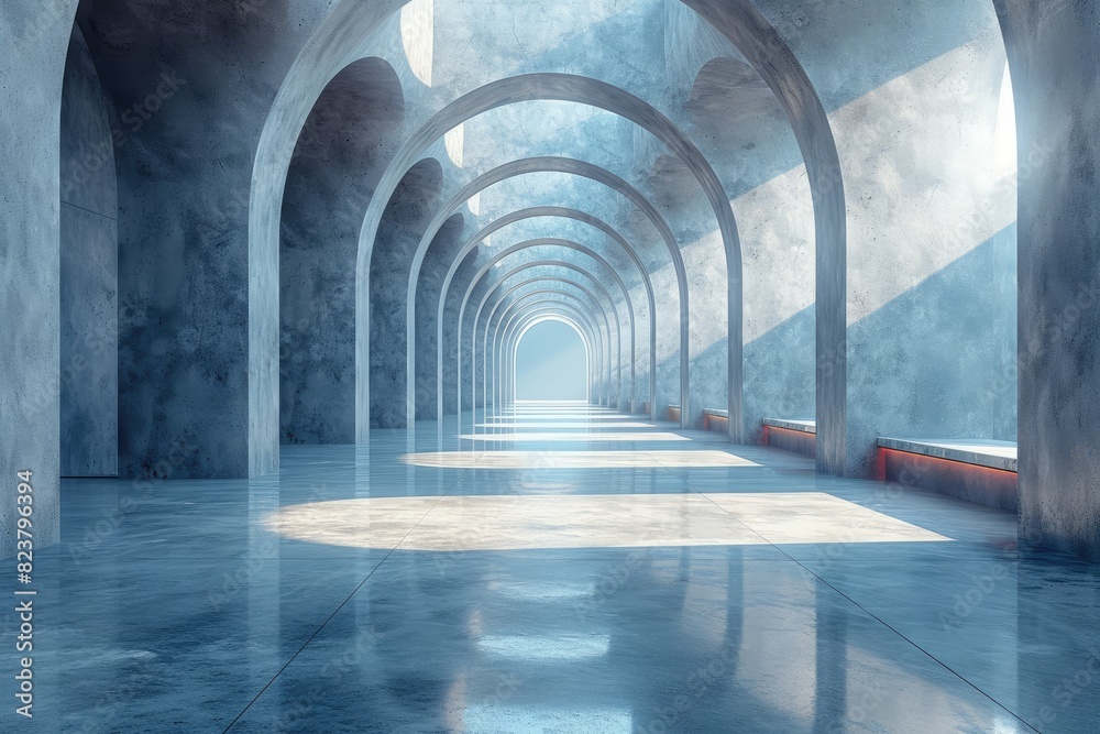 abstract futuristic architecture with concrete floor. Illuminated corridor interior design.