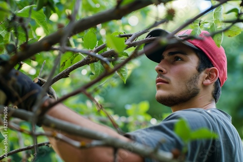 Focused young adult with pruners trimming tree in lush green garden photo