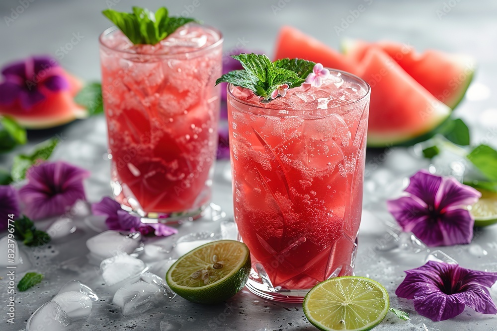 Two glasses of watermelon juice with a lime wedge in each Two glasses of watermelon juice with a lime wedge in each