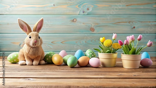 Empty wooden table background with easter bunny decorations and pastel colored eggs  © artsakon