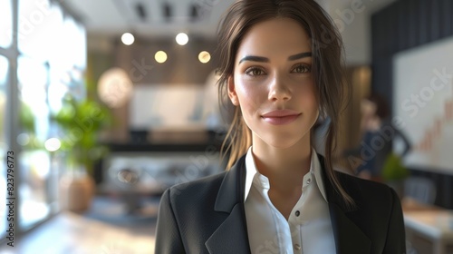 Confident business woman in a suit stands in an office with a smile