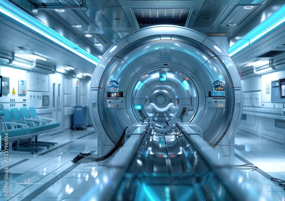 Foto de Advanced MRI scanner in a bright, sterile hospital room ...