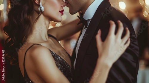 Realistic closeup of a sophisticated couple dancing at a gala, with elegant attire and graceful movements