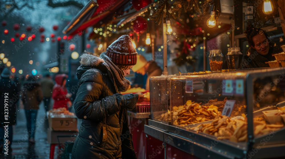 Naklejka premium A close up of a person eating fish and chip at a marketplace in winter time in europe.