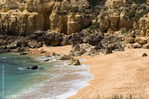 Beautiful sea view of Praia do Castelo beach in Albufeira, Algarve region, Portugal