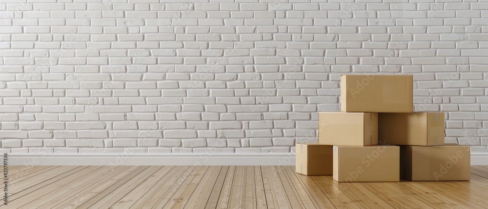 Obraz premium Stack Of Cardboard Boxes On White Brickwall Ultrawide Background
