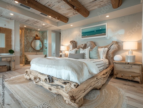 A beach house bedroom with driftwood accents and oceaninspired decor photo