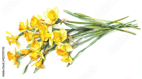 A bunch of bright yellow daffodils, watercolor on white background
