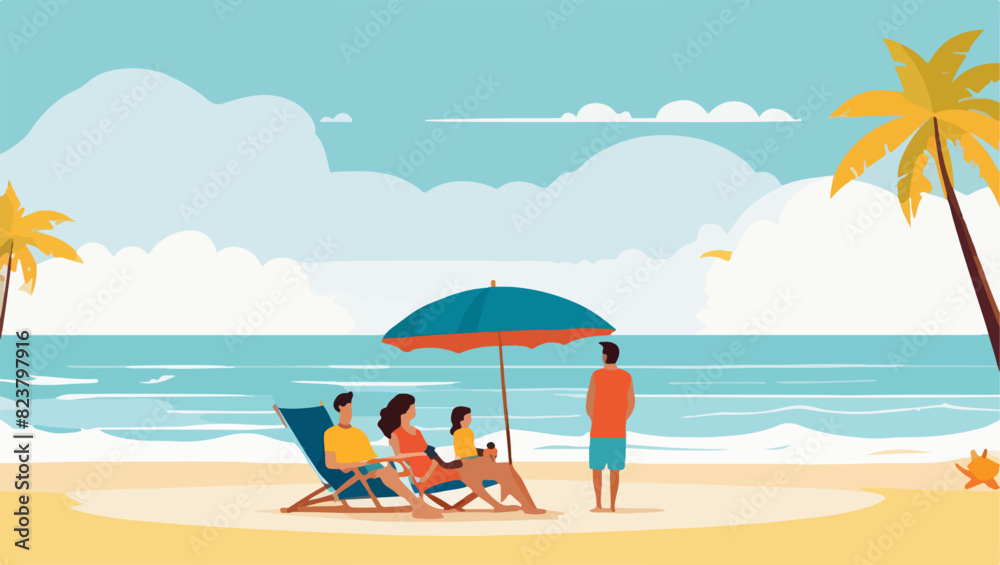 Summer Vacation: Family Relaxing Under Beach Umbrella Summer Vacation: Family Relaxing Under Beach Umbrella