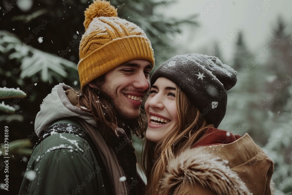 A happy young couple in winter attire smiling amidst a charming snowy landscape A happy young couple in winter attire smiling amidst a charming snowy landscape