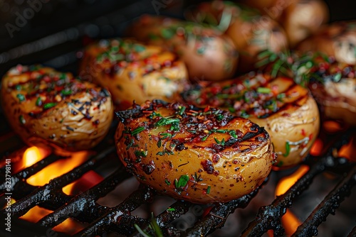 A plate of grilled potatoes with herbs and spices