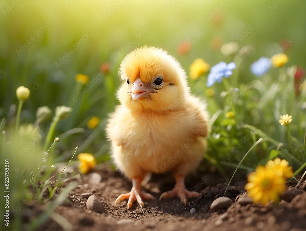 cute chick in the summer flower grass meadow
